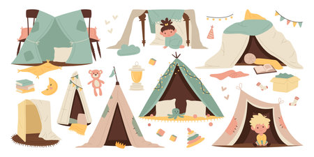 Children teepee tents flat illustrations set. Handmade playhouse children tent with chairs. Toys and books for gamesのイラスト素材