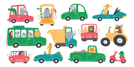 Animals in cars flat illustrations set. Funny frog, lion, dog, elephant and zebra characters riding on scooterのイラスト素材
