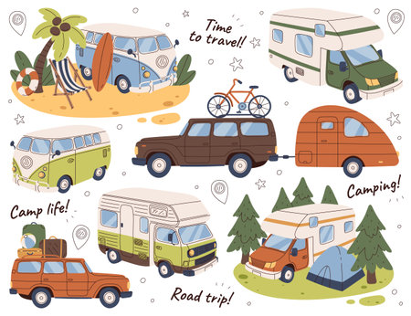 Camping cars flat illustrations set. Vans with suitcases, surfboard and bicycle. Camp near beach and forestのイラスト素材