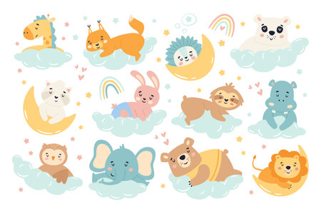 Cute animals on clouds and moons flat illustrations set. Sleepy giraffe, fox, rabbit, hippo, sloth, owlのイラスト素材