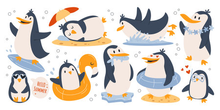 Funny penguins in summer flat illustrations set. Cute birds on vacations. Penguins smiling, swimmingのイラスト素材