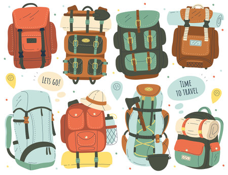 Travel backpacks flat illustrations set. Hiking backpacks and equipment for camping. Ax, bottle of waterのイラスト素材
