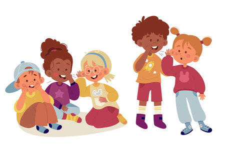 Cute children whisper secrets flat illustrations set. Boys and girls sitting and standing whispering and speakingのイラスト素材