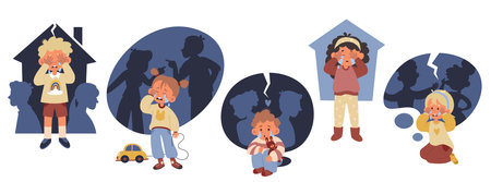 Children upset by divorce parents flat illustrations set. Scandal between woman and manのイラスト素材