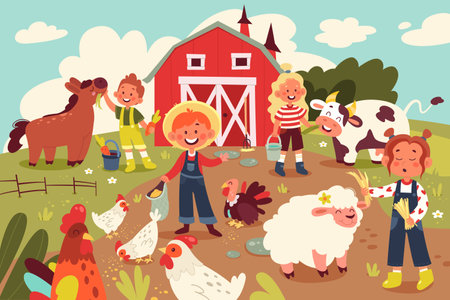 Kids feeding animals flat illustrations set. Cute children feeding chicken, turkey, sheep, horse, rooster and cowのイラスト素材