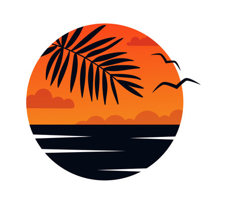 Tropical Leaf And Sea Gulls Round Badgeのイラスト素材