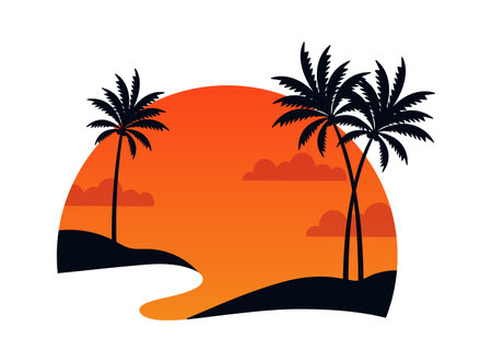 Palms On Beach Sunrise Round Badgeのイラスト素材