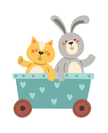 Cat And Rabbit In Cartのイラスト素材