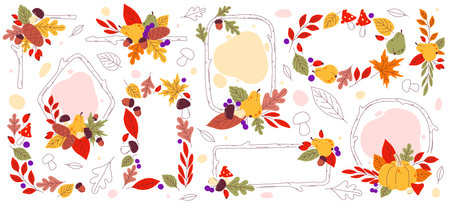 Autumn plant leaves, fruits and berries decorative frames and fall floral ornament borders setのイラスト素材