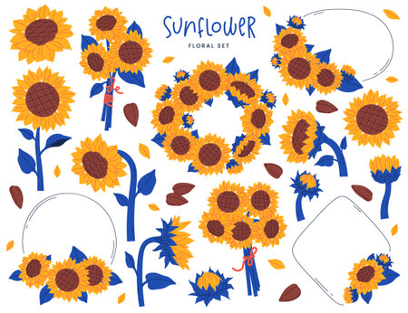 Sunflower floral set with blossom flower bud frame and border isolated set vector illustrationのイラスト素材