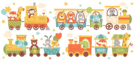 Cute cartoon kid animal character riding on train locomotive set happy travel vector illustrationのイラスト素材