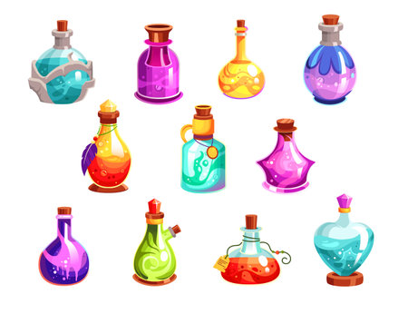 Magic potion bottle, energy elixir phial, alchemy liquid flask isolated game asset set on whiteのイラスト素材
