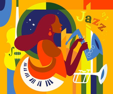 Jazz music placard design with musical instruments and beautiful female silhouette in abstract styleのイラスト素材