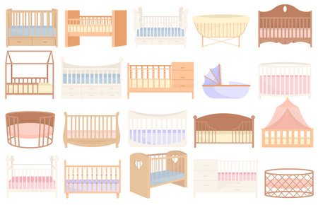 Different wooden baby crib bed furniture assortment for newborn child bedroom interior isolated setのイラスト素材