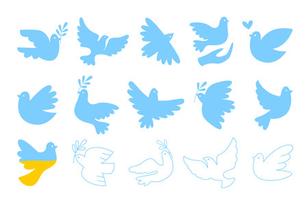 White and blue dove flying bird peace symbol silhouette and no war support Ukraine isolated setのイラスト素材