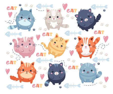Funny round cat, kawaii domestic pet animal, cute cartoon fatty kitten character isolated setのイラスト素材