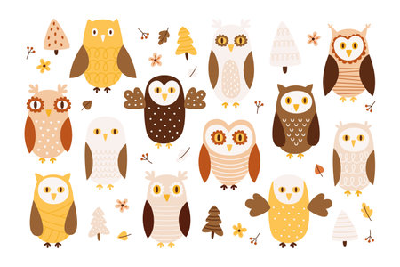 Smart curious owl and owlet forest bird cute birdie character with different plumage drawing setのイラスト素材