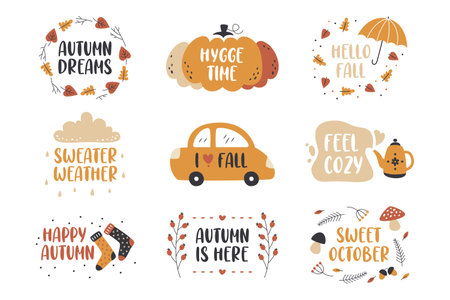 Autumn nature season lettering cute badge, sticker and emblem design isolated set on whiteのイラスト素材