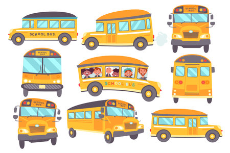 Yellow school bus front, side, back view set transport for student delivery vector illustration