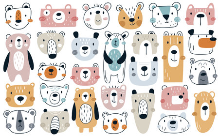 Childish funny bears wild forest animal doodle hand drawn characters isolated set on whiteのイラスト素材