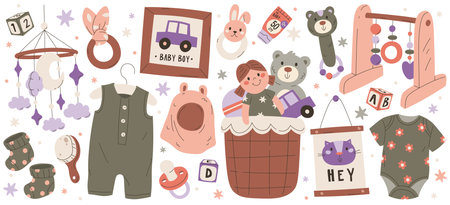 Cute baby shower objects, children nursery cloth collection vector illustration creative drawingのイラスト素材