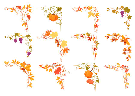 Autumn floral decorative border, frame and corner with plant flower and pumpkin isolated setのイラスト素材