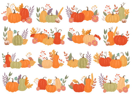 Floral pumpkin composition with autumn vegetable, plant leaves and rowan berries isolated setのイラスト素材
