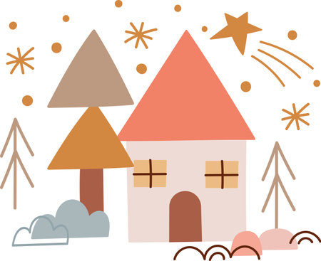 Christmas House And Trees Patternのイラスト素材