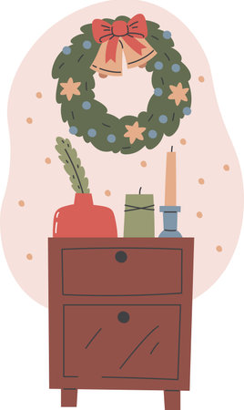 Christmas Home Interior With Wreath And Nightstandのイラスト素材