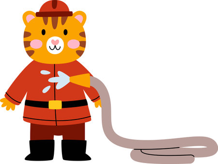 Tiger Firefighter With Fire Hoseのイラスト素材