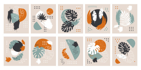 Set of cards with decorative floral design elements and grunge geometric textures pastel colorsのイラスト素材