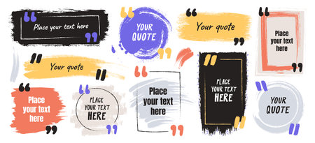 Motivation quote frames, inspiration phrases speech boxes, comment bubbles set in grunge brush styleのイラスト素材