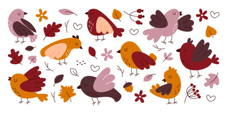 Cute little brown birds characters and autumn leaves, berries isolated set on white backgroundのイラスト素材