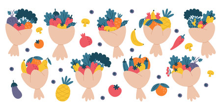 Bouquet of fresh ripe vegetables and raw fruits vegetarian organic vitamin food composition setのイラスト素材