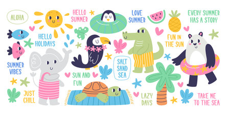 Cute animals cartoon characters having fun on beach enjoying summer vacation set with letteringのイラスト素材