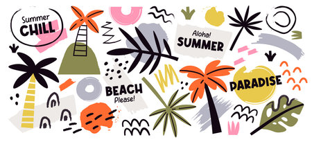Tropical vacation resort, summer chill, beach paradise with hand drawn doodles blots design