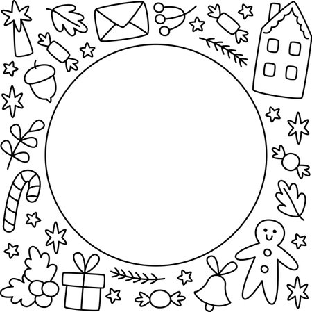 Christmas Round Frame With Doodle Elementsのイラスト素材