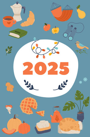 Cute 2025 Year Card With Hand Drawn Elementsのイラスト素材