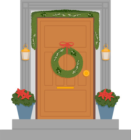 Christmas Entrance Door With Wreath And Lanternsのイラスト素材