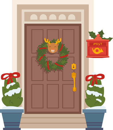 Christmas Entrance Door With Wreath And Treesのイラスト素材
