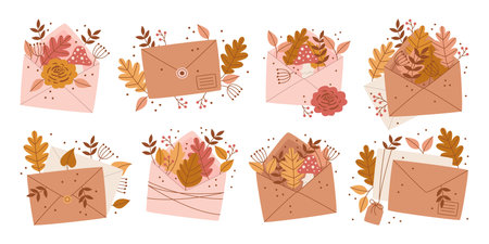 Craft paper letter envelope with autumn leaves and art mushrooms design elements isolated setのイラスト素材