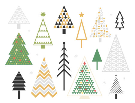 Christmas fir trees cute festive geometric pattern, winter holiday spruce design elements setのイラスト素材