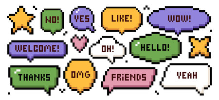 Speech bubbles with words text pixel art 8 bits Y2K for messaging and communication in retro styleのイラスト素材