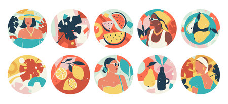 Summer vacation feminine round social media story highlight covers, fashion round backgrounds setのイラスト素材