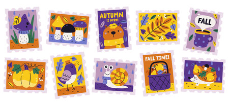 Autumn postage stamps with seasonal accessories, cute characters and forest natural elements setのイラスト素材