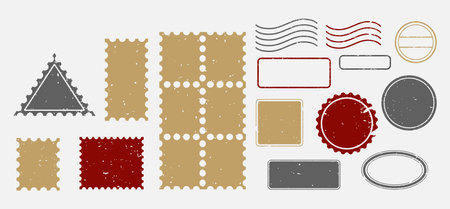 Grunge post stamps different forms and sizes for mail envelop and postmarks vector illustrationのイラスト素材