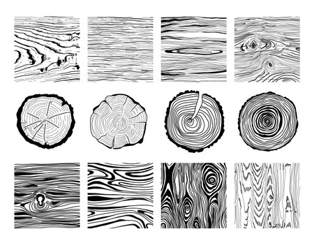 Wood texture material surface, round timber structure design elements isolated black-and-white setのイラスト素材