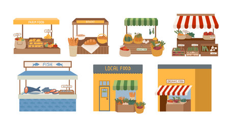 Local food street markets, farm products wooden stalls, fish and bakery building exterior shopsのイラスト素材