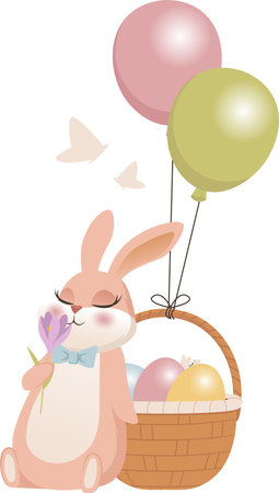 Easter Rabbit With Basket Of Eggs And Balloonsのイラスト素材