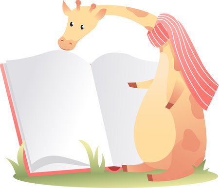 Giraffe Reading Book On Grassのイラスト素材